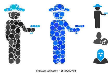 Gentleman robber mosaic of round dots in variable sizes and color tones, based on gentleman robber icon. Vector round dots are organized into blue mosaic.