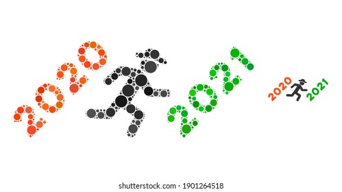Gentleman run to 2021 mosaic of circle elements in variable sizes and color tinges. Vector round dots are combined into gentleman run to 2021 mosaic.