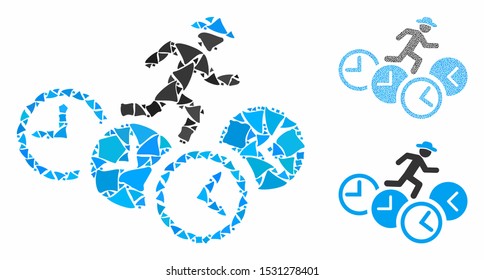 Gentleman running over clocks composition of inequal elements in various sizes and color tints, based on gentleman running over clocks icon. Vector tremulant elements are organized into collage.