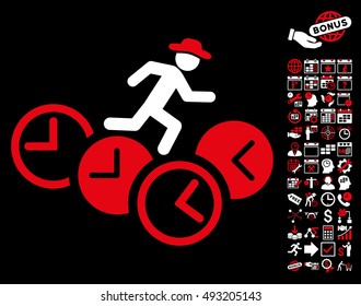 Gentleman Running Over Clocks icon with bonus calendar and time management icon set. Vector illustration style is flat iconic bicolor symbols, red and white colors, black background.