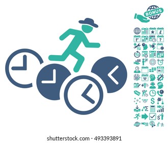 Gentleman Running Over Clocks icon with bonus calendar and time management design elements. Vector illustration style is flat iconic bicolor symbols, cobalt and cyan colors, white background.