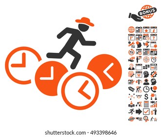 Gentleman Running Over Clocks icon with bonus calendar and time management pictograph collection. Vector illustration style is flat iconic bicolor symbols, orange and gray colors, white background.