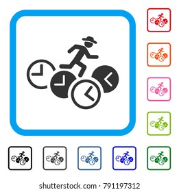 Gentleman Running Over Clocks icon. Flat grey pictogram symbol in a light blue rounded rectangle. Black, gray, green, blue, red, orange color variants of Gentleman Running Over Clocks vector.