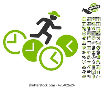 Gentleman Running Over Clocks pictograph with bonus calendar and time management clip art. Vector illustration style is flat iconic bicolor symbols, eco green and gray colors, white background.