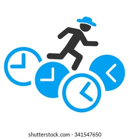 Gentleman Running Over Clocks vector icon. Style is bicolor flat symbol, blue and gray colors, rounded angles, white background.