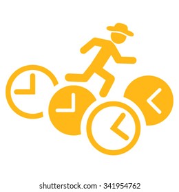 Gentleman Running Over Clocks vector icon. Style is flat symbol, yellow color, rounded angles, white background.
