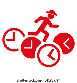Gentleman Running Over Clocks vector icon. Style is flat symbol, red color, rounded angles, white background.
