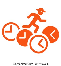 Gentleman Running Over Clocks vector icon. Style is flat symbol, orange color, rounded angles, white background.