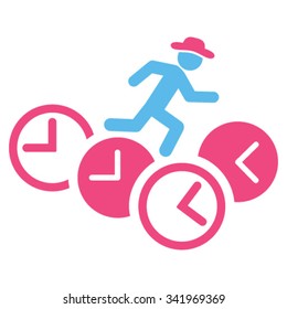 Gentleman Running Over Clocks vector icon. Style is bicolor flat symbol, pink and blue colors, rounded angles, white background.