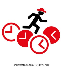 Gentleman Running Over Clocks vector icon. Style is bicolor flat symbol, intensive red and black colors, rounded angles, white background.