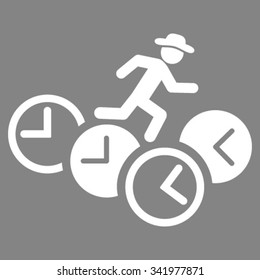 Gentleman Running Over Clocks vector icon. Style is flat symbol, white color, rounded angles, gray background.