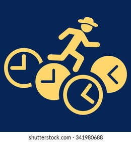 Gentleman Running Over Clocks vector icon. Style is flat symbol, yellow color, rounded angles, blue background.