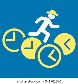 Gentleman Running Over Clocks vector icon. Style is bicolor flat symbol, yellow and white colors, rounded angles, blue background.