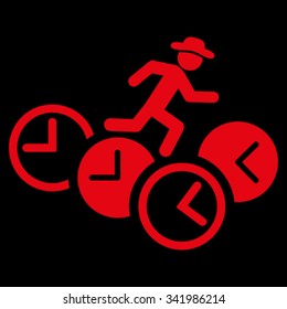 Gentleman Running Over Clocks vector icon. Style is flat symbol, red color, rounded angles, black background.