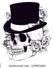 Gentleman s skull. Vintage Skull. Old school tattoo. Skull surrounded by roses with ribbon for your text.