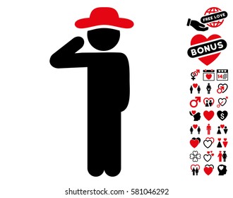 Gentleman Salute icon with bonus romantic pictures. Vector illustration style is flat iconic intensive red and black symbols on white background.