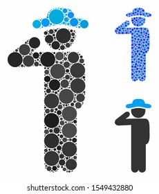 Gentleman salute mosaic of filled circles in different sizes and shades, based on gentleman salute icon. Vector filled circles are organized into blue composition.