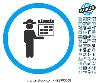 Gentleman Schedule icon with bonus calendar and time management images. Vector illustration style is flat iconic bicolor symbols, blue and gray colors, white background.