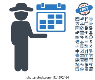 Gentleman Schedule icon with bonus calendar and time management design elements. Vector illustration style is flat iconic bicolor symbols, smooth blue colors, white background.
