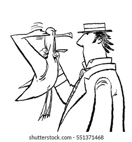 Gentleman and Seagull humor, cartoon style vector illustration. Marine animals