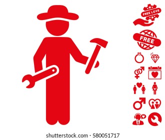 Gentleman Serviceman icon with bonus decorative images. Vector illustration style is flat iconic red symbols on white background.