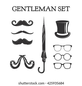 Gentleman set. Mustache set. Glasses. Eyeglasses. Top hat. Umbrella. Pipe smoking.  Vector illustration on white background.