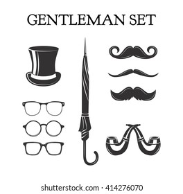 Gentleman set. Mustache set. Glasses. Pipe smoke glasses eye. eyeglasses. Top hat. Umbrella. Pipe smoking. happy father day.