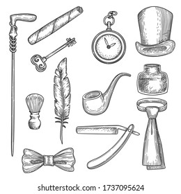 Gentleman set. Retro hand drawn collection of man clothes and accessories whiskey clock smoking cylinder cutthroat vector fashion illustration. Gentleman clothing and fashion, cigar and bowler