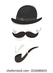 Gentleman set.Bowler hat, mustache, smoking pipe.Vector flat isolated illustration. Vintage collection for gentleman, hipster, detective.