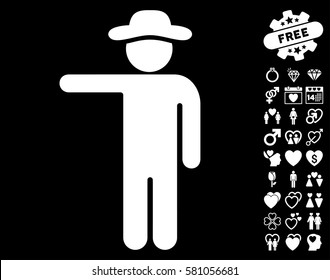 Gentleman Show icon with bonus decoration pictures. Vector illustration style is flat iconic white symbols on black background.