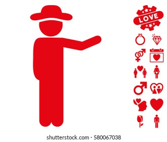 Gentleman Show icon with bonus marriage images. Vector illustration style is flat iconic red symbols on white background.