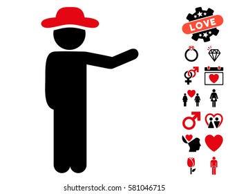 Gentleman Show pictograph with bonus decorative pictograms. Vector illustration style is flat iconic intensive red and black symbols on white background.