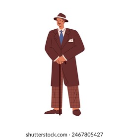 Un caballero de la generación silenciosa. Ilustración vectorial de un hombre en traje, sombrero y bastón que representa la moda de 1928-45. Icono de carácter en estilo plano sobre fondo aislado.