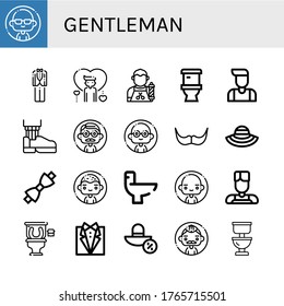 gentleman simple icons set. Contains such icons as Man, Tuxedo, Barber, Toilet, Leather shoe, Moustache, Sun hat, Bow tie, Wc, Restroom, can be used for web, mobile and logo