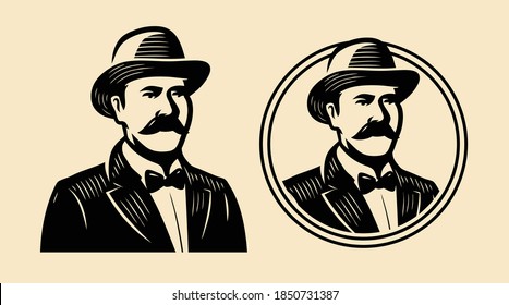 Gentleman, sir symbol. Portrait of businessman vintage sketch vector illustration