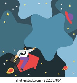 Gentleman Sitting Arrow Pointing Finger Star Representing Financial Success. Man Reaching Pointing Hand Starry Sky Displaying New Finance Achievements.