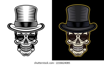 Gentleman skull in cylinder hat vector illustration in two styles monochrome on white and colorful on dark background