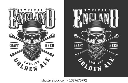 Gentleman skull in fedora hat label with crossed walking sticks in vintage monochrome style isolated vector illustration