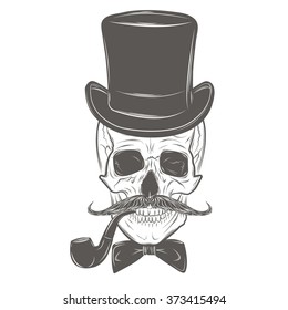 Gentleman skull with mustache, bow tie, top hat and smoking pipe. Skull print, skull illustration  isolated on white background. Vector mode