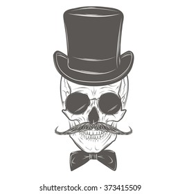 Gentleman skull with mustache, bow tie, top hat and smoking pipe. Skull print, skull illustration  isolated on white background. Vector mode