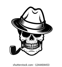 Gentleman skull with smoking pipe. Design element for logo,  label, sign, t shirt. Vector illustration