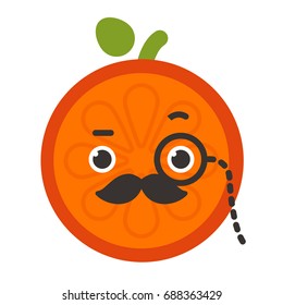 Gentleman smile emoji. Smiley orange fruit emoji with mustache and monocle. Vector flat design emoticon icon isolated on white background.