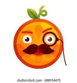 Gentleman smile emoji. Smiley orange fruit emoji with mustache and monocle. Vector flat design emoticon icon isolated on white background.