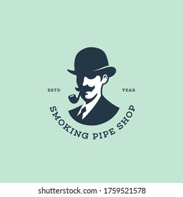 Gentleman with a smoking pipe logo design template for a light background. Vector illustration.