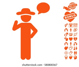 Gentleman Speech pictograph with bonus marriage symbols. Vector illustration style is flat iconic orange symbols on white background.