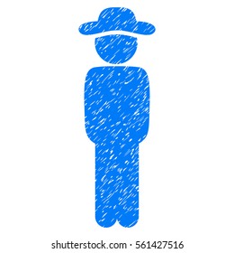 Gentleman Standing grainy textured icon for overlay watermark stamps. Flat symbol with scratched texture. Dotted vector blue ink rubber seal stamp with grunge design on a white background.