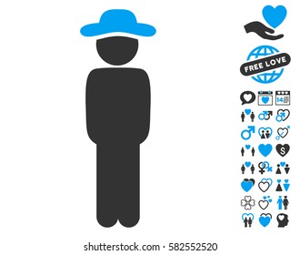 Gentleman Standing icon with bonus valentine clip art. Vector illustration style is flat iconic blue and gray symbols on white background.
