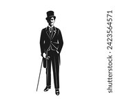 A gentleman stands with a cane. Contrasting black illustration on white background.