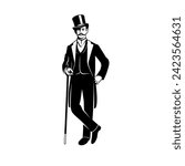 A gentleman stands with a cane. Contrasting black illustration on white background.