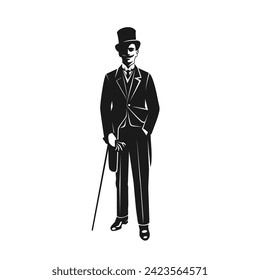 A gentleman stands with a cane. Contrasting black illustration on white background.